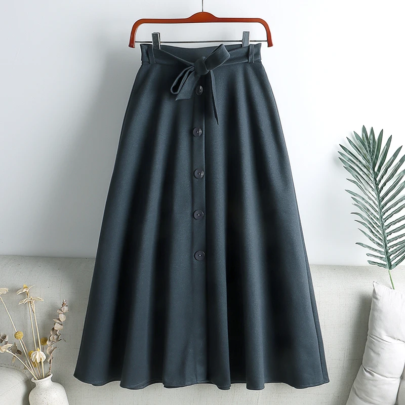 

Однобортная Однотонная юбка на осень и зиму, Женская оригинальная универсальная широкая юбка с высокой талией, 2021