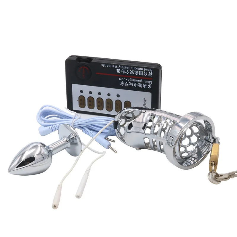 Electric Shock Penis Chastity Lock Cock Ring Electro Stimulation Metal Anal Plug Massager Sex Toys for Men | Красота и здоровье