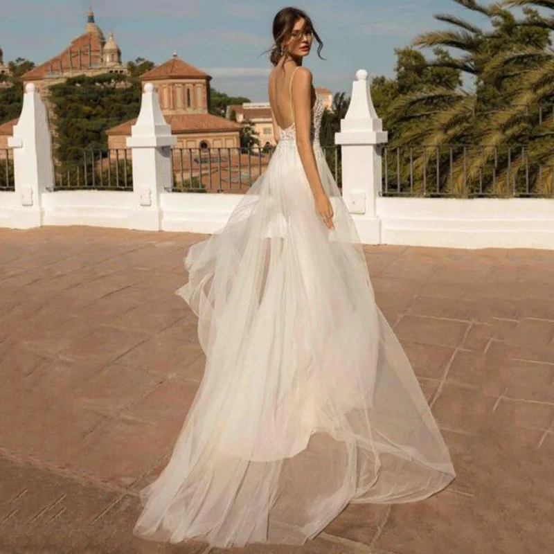 

Hi Shy Bride New simple wedding dress backless sleeveless design chiffon lace bride dresses princess dress plus size tailor-made