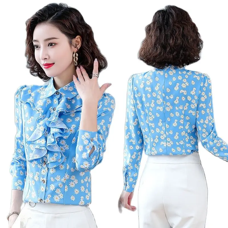 

Dress Shirts 5XL lotus leaf collar 2022 Korean Womens Tops Blouses Casual Long Sleeve Ladies Shirts Black Blouses Shirt Ladies