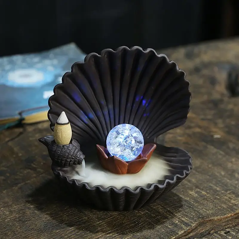 

Shell Ceramic Backflow Incense Burner With 20 Pc Cones Multicolor Crystal Ball Smoke Waterfall Incense Sticks Holder Home Decor
