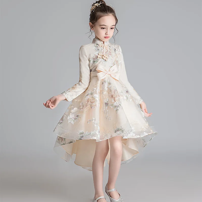 Flower Embroidered Long Sleeve Autumn Winter Bow Lace Tutu Girl Princess Dress Costumes Clothes Show Evening Party Dress WG-1210