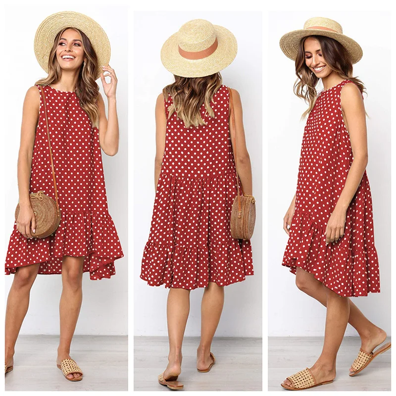 

2021 Explosion Round Neck Sleeveless Polka Dot Loose Large Swing Ruffle Dress