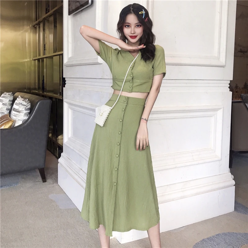 

Women Summer Sheath 2 Two Piece Set Elegant Short Sleeve Crop Tops with High Waist Long Skirt Buttons