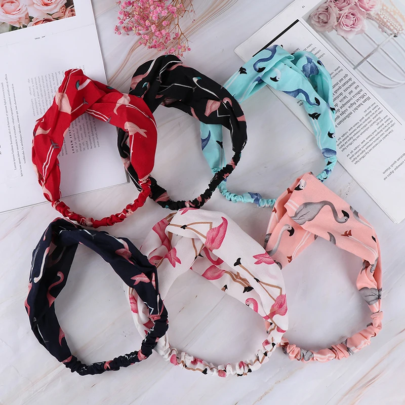 Женская шифоновая повязка на голову широкая с мультяшным фламинго тюрбан