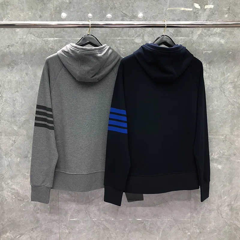 

Fashion TB 2021 THOM Brand hooded Clothing Striped Cotton Jacket Men Sweatshirts Hoodies Casual Sportswear Solid Cardigan Coat