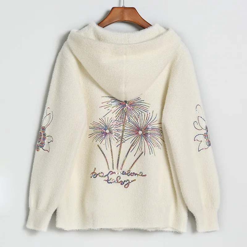 

New Autumn Winter Women Sweater Coats Embroidery Hooded Cardigans Casual Sweater Jumpers Femme Oversized Jacket
