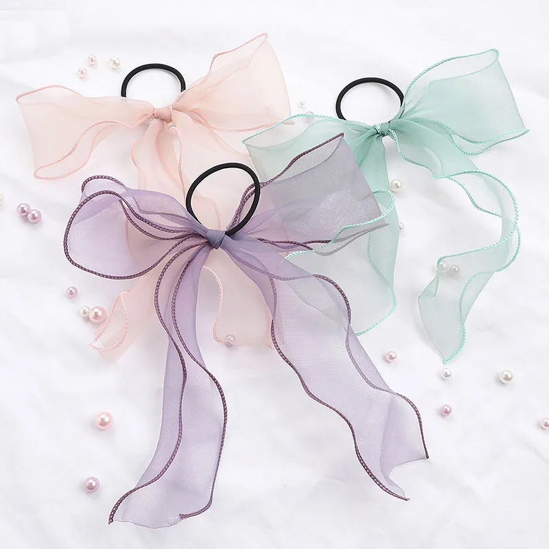 

Sweet Bow Organza Women Ribbon Bands Girls Hair Accessories Streamers Hair Scrunchies Soft Gauze Ponytail Elastic Hair Ties Rope