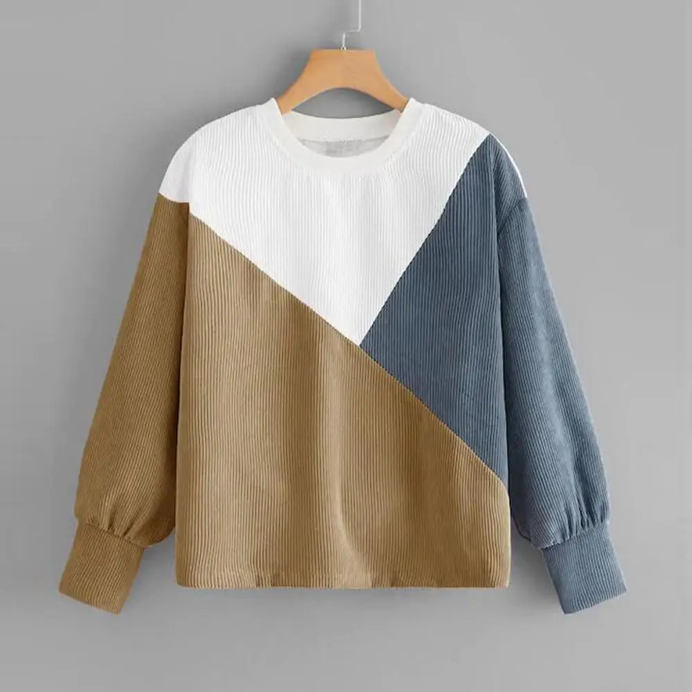 Модный женский вельветовый пуловер с длинным рукавом и вырезами топы свитшот