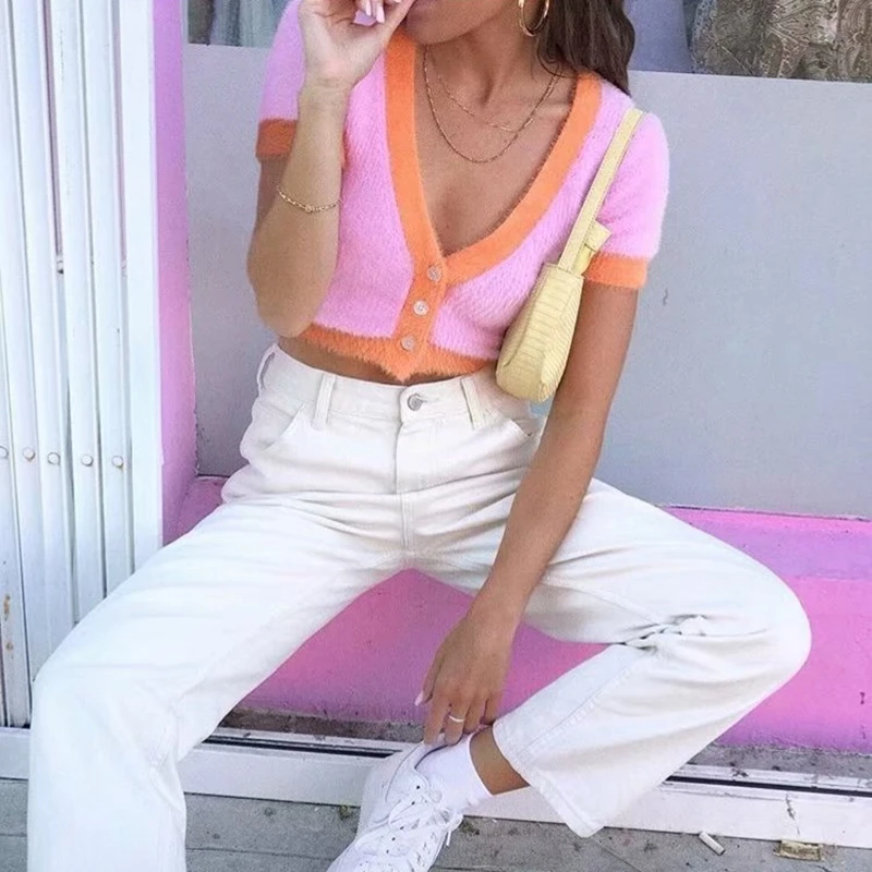 Женский Укороченный кардиган розовый вязаный свитер в винтажном стиле на осень |