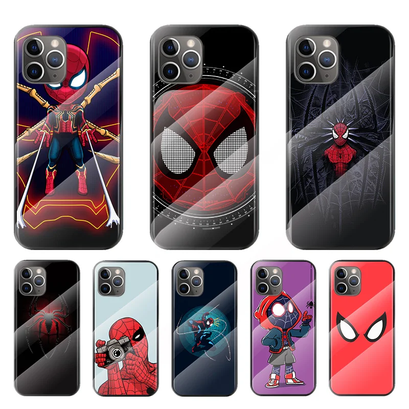 

Marvel Anime Spiderman For Apple iPhone 12 11 8 7 6 6S XS XR SE X 2020 Pro Max Mini Plus Tempered Glass Cover Phone Case