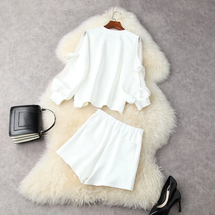 European and American women's wear for spring 2021  Long sleeved beaded bow hoodie  shorts  Fashion White Suit