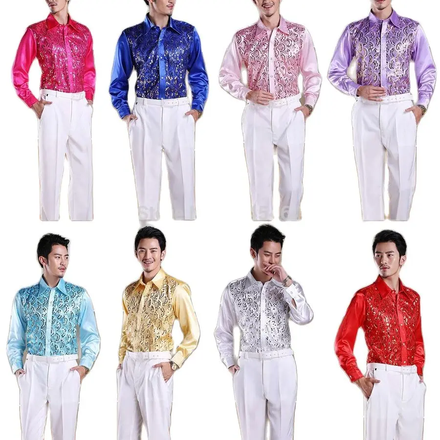 

plus size M-2XL 2015 new fashion Men show Sequins shirt men's stage costume party dance colorful shirt long sleeve chemise homme