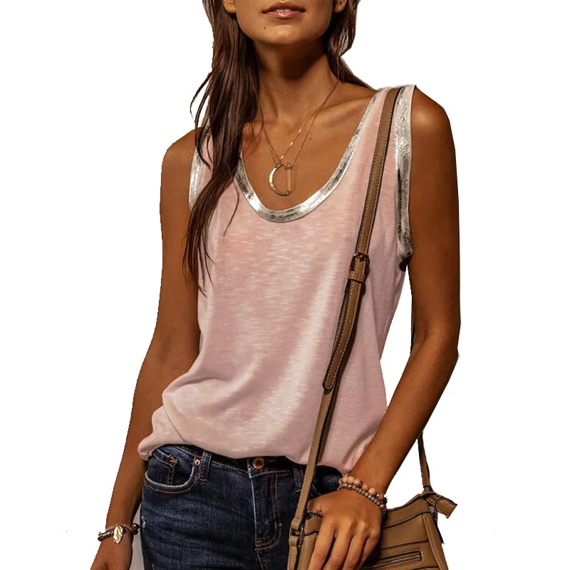

1pc Ladies Simple T-Shirt Neckline Bronzing Sleeveless Round Neck Loose Tank Top Polyester Soft Summer Breathable Loose Vest