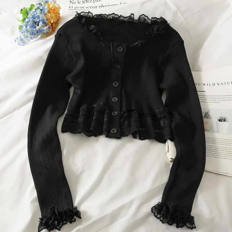 

Короткий кардиган женский, вязаный, весна-осень, с длинным рукавом, кружевной, в стиле пэчворк