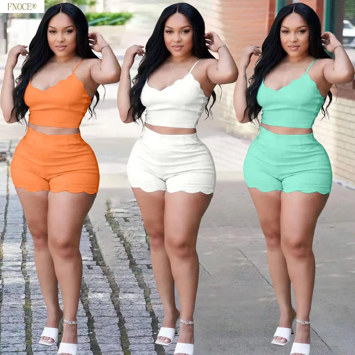 

FNOCE Summer New Product Women's pure Color Two-piece Suit Fashion Casual Wave Shorts Two-piece Suit