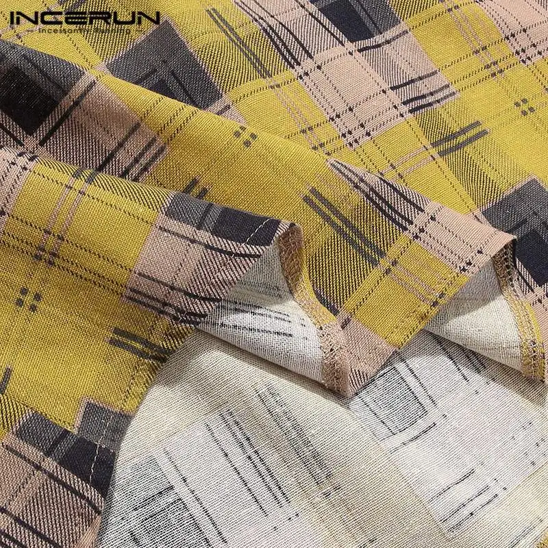 

INCERUN 2021 Men Plaid Shirt Stand Collar Short Sleeve Breathable Summer Casual Hawaiian Shirts Cotton Button Camisa Streetwear