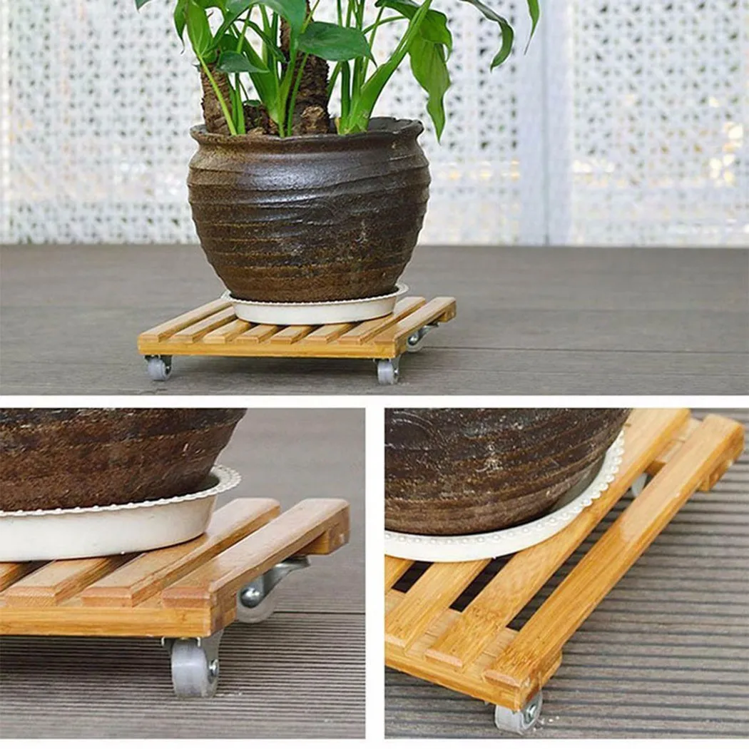 

1 Pcs Wooden Movable Plant Pot Trolley Trays Plant Stand With 4 Wheels Rolling Base Home Garden Supplies