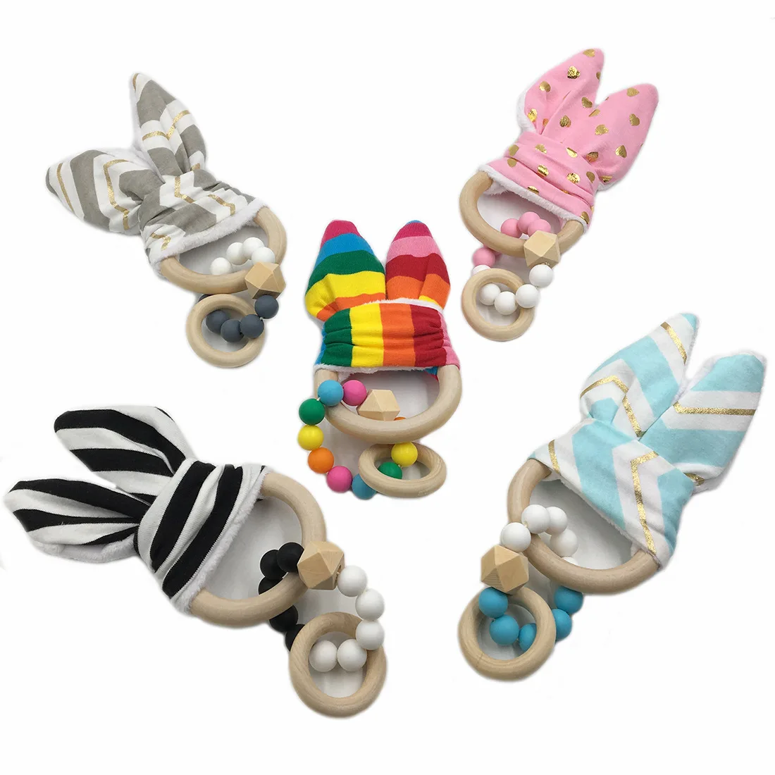 

Safe Silicone Teether Beads Food Grade DIY Baby Edible Silicon Molar Bracelet Toy Natural Wooden Ring Rabbit Ear Bracelet