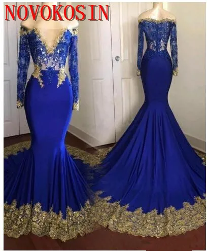 

Amazing Gold Lace Royal Blue Mermaid Prom Evening Dress Long Illusion Sleeves See Through Sequins 2020 Party Formal Gown