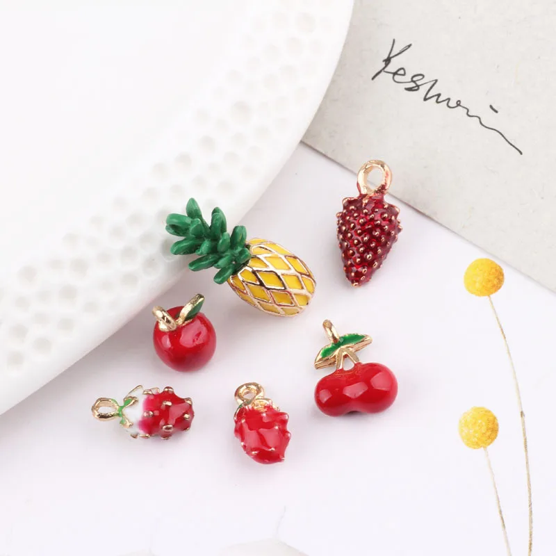 

ApeUr 10pcs/lot 3D Fruit Enamel Charms Cute Cherry Strawberry Pineapple Pendants For Jewelry Making Earring Finding