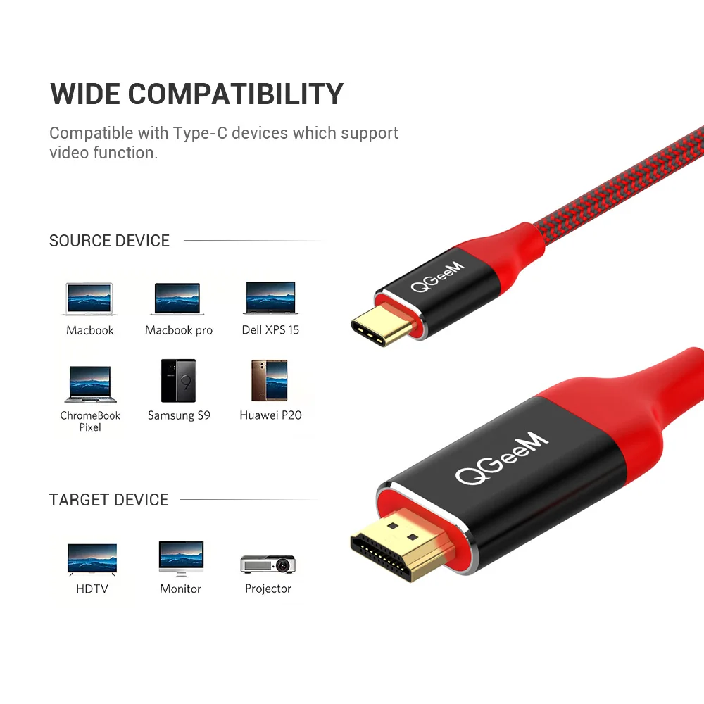 Кабель-переходник USB-C/HDMI QGeeM 4K 60 Гц USB-C дюйма Thunderbolt 3 для MacBook Huawei Samsung S10 |
