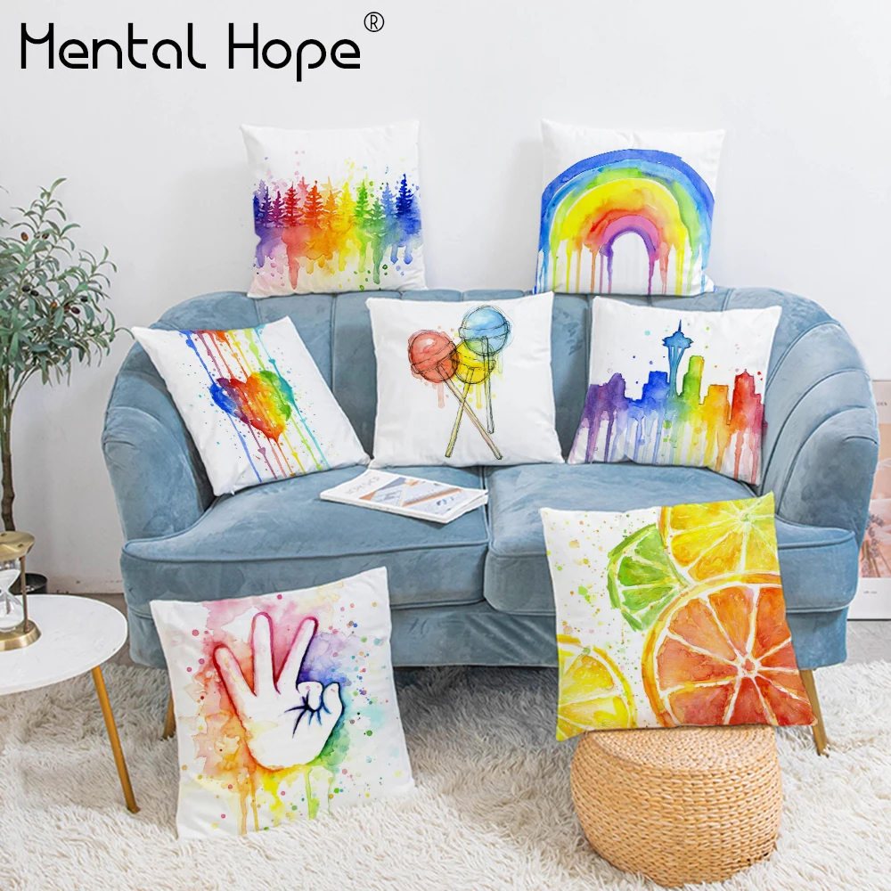 Rainbow Color Pritned Throw Pillow Cover Plush Cartoon Pattern Cushion Home Decor Square Decorative Pillowcase for Sofa | Дом и сад