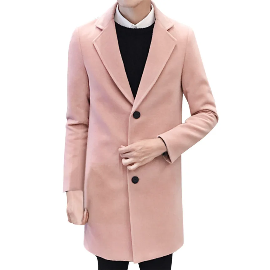 Pink Новинка, повседневные мужские куртки, модные официальные однобортные пальто, длинное шерстяное пальто, верхняя одежда, мужские куртки, большие размеры - Цвет: Pink