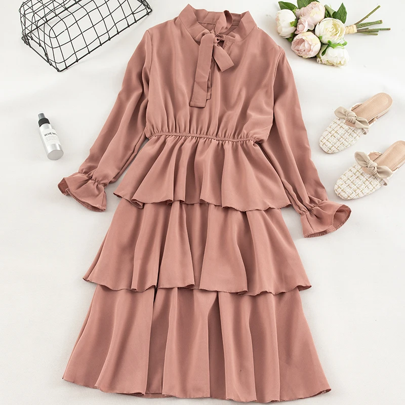 SINGRAIN женское длинное шифоновое Многоярусное платье Осеннее повседневное