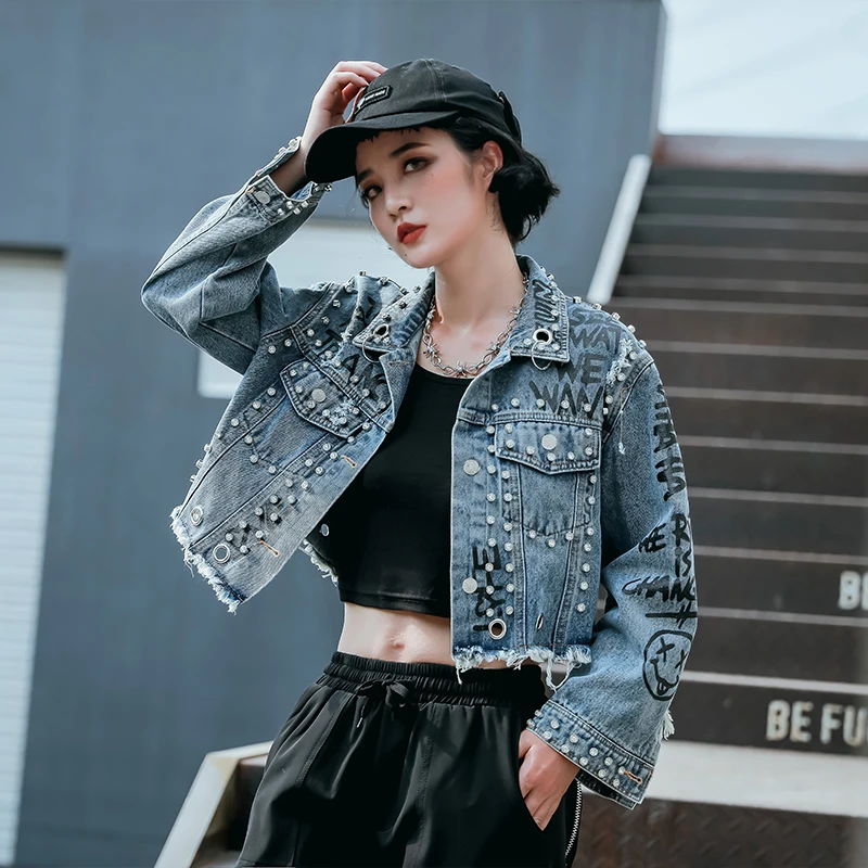 Graffiti Print Denim coat Punk Rock Jeans jacket 2021 New Autumn Rivet Hip Hop Holes Coat Big Size Coats High Waist LT556S50 | Женская
