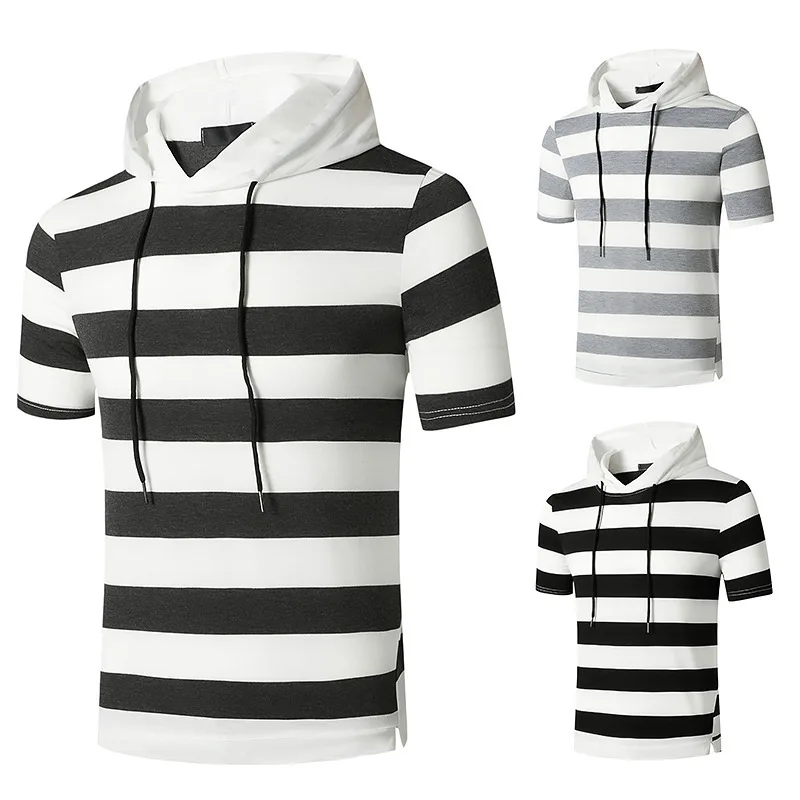 

2021 summer hooded T-shirt for men, European and American stripe slim short sleeve T-shirt, men's sports base shirt
