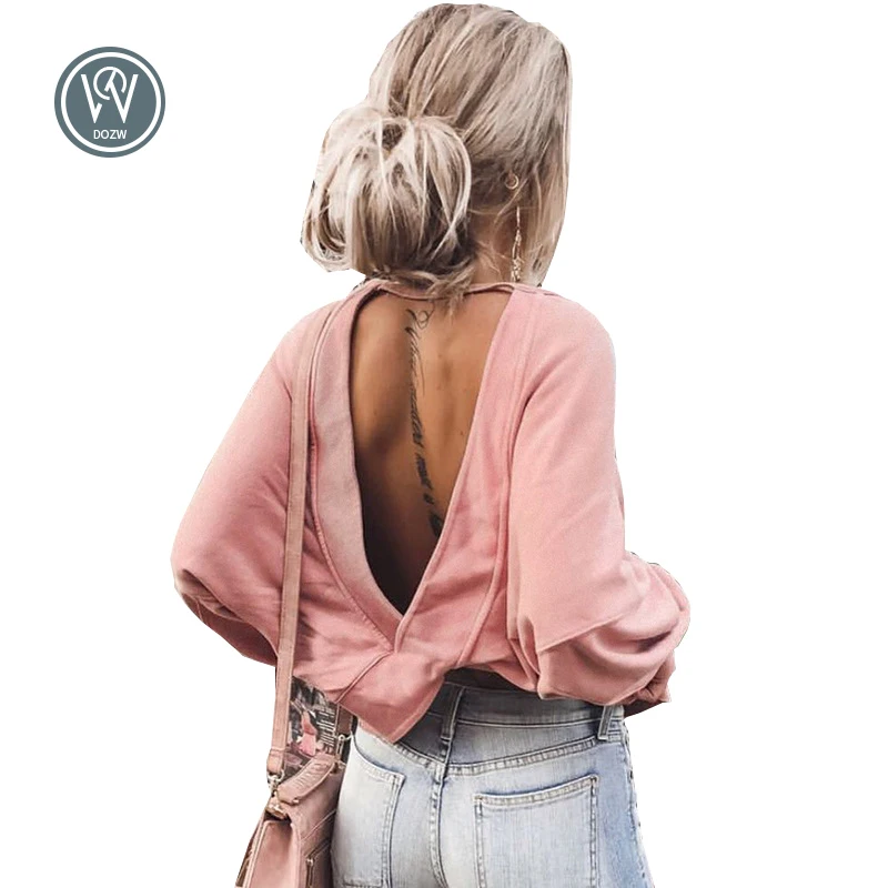 Однотонная футболка с длинным рукавом Женская мода 2020 свободная открытой спиной