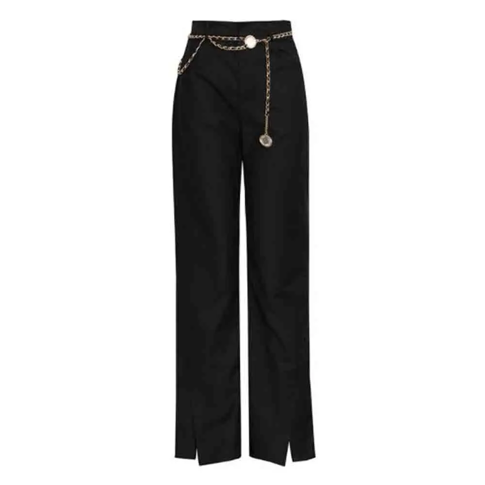 

Women Ladies Elegnat High Waist Office Work Party Suit Trousers With Chian Belt Female New Fashion Solid Split Long Pants