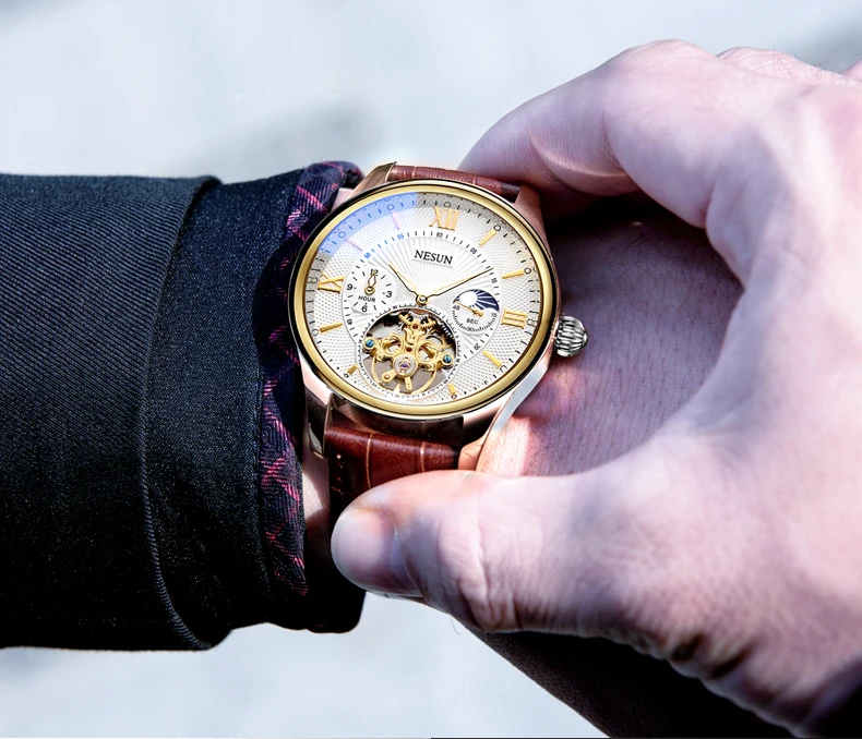 Швейцарские часы Nesun Skeleton Tourbillon для мужчин Топ люксовый бренд автоматические механические мужские часы водонепроницаемые relogio N9091-3