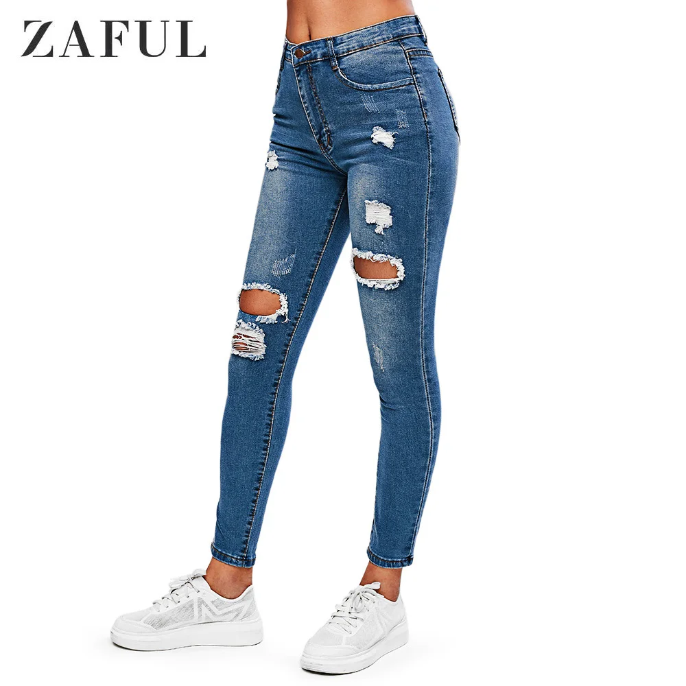 ZAFUL потертые узкие джинсы на молнии с карманами женские повседневные