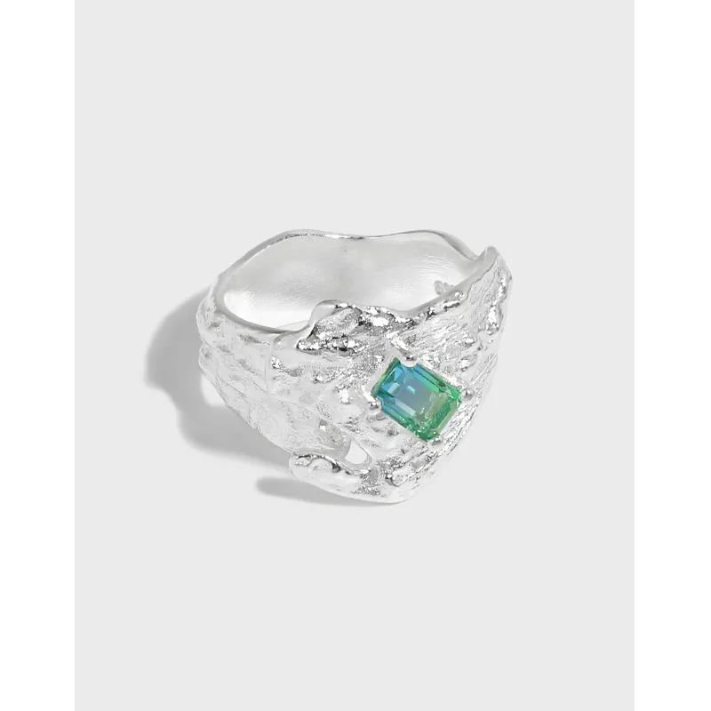 

Irregular 925 Sterling Silver Ring Green Zircon Rings For Women Ring 2021Trend Silver 925 Jewelry Fashion Adjustable New Design