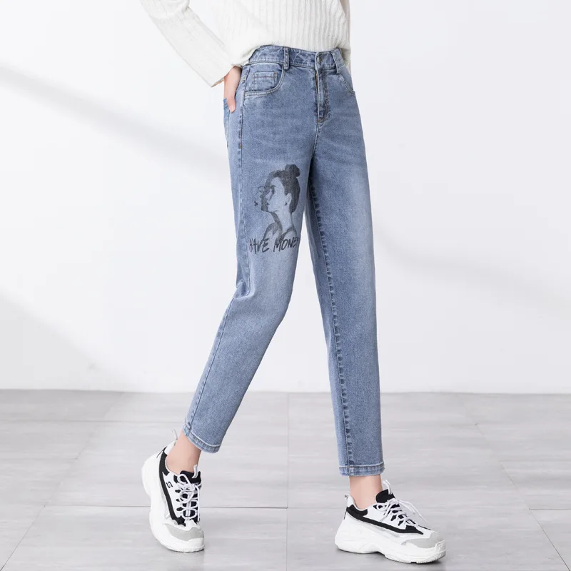 Женские укороченные джинсы YUEY синие дамские шаровары с принтом высокой талией