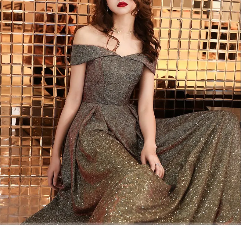 Женское вечернее платье с блестками длинное макси вырезом лодочкой элегантное