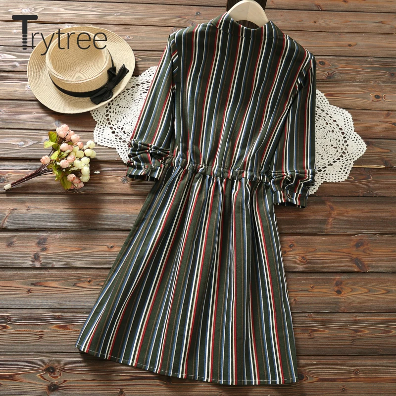 Trytree Autumn Women Dress Casual Turn-down Collar Striped Shirt Dresses Adjustable Drawstring A-Line Office Lady Button | Женская