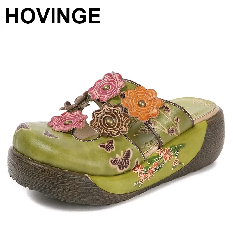 

HOVINGE Flower Slippers Genuine Leather Shoes Handmade Slides Flip Flop On The Platform Clogs For Women Woman Slippers