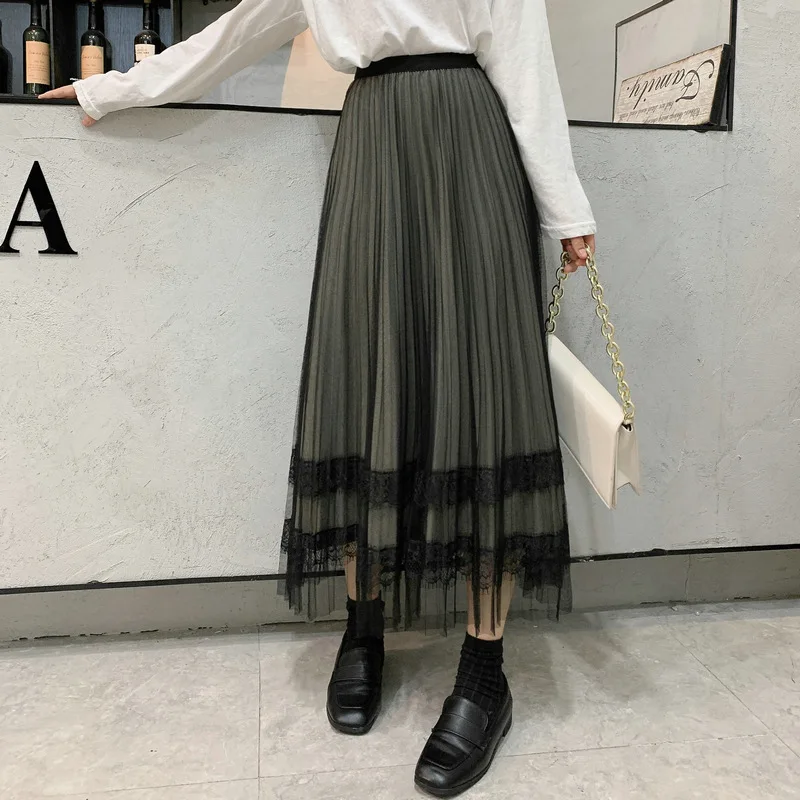 

Vintage long skirt women's on both sides women's skirt autumn winter 2020 mesh splicing lace Vintage Pleated skirts for women