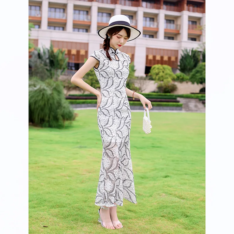 

Traditional Vintage Short Sleeve Mermaid Qipao Women Classic Lace Cheongsam Ladies Sexy Evening Party Chinese Dress