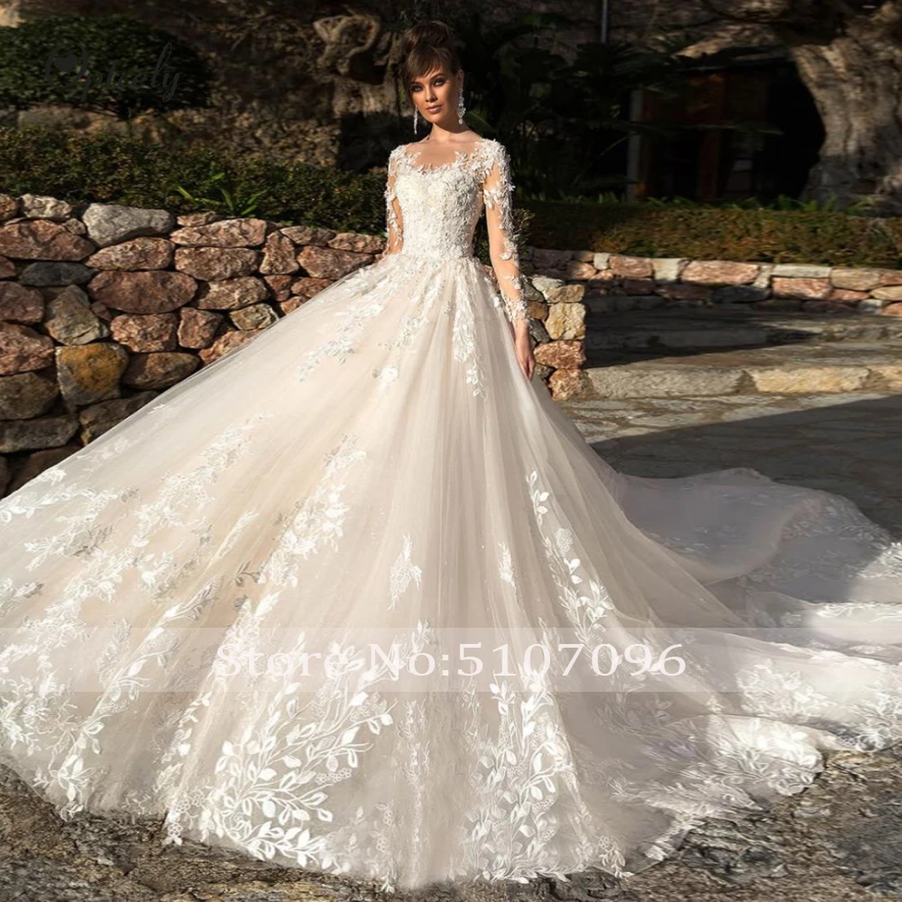 Optcely Vestido de Noiva уникальный дизайн совок шеи тюль, цвет Шампань А-силуэта свадебное платье Длинные рукава с аппликацией платья расшитые бисером