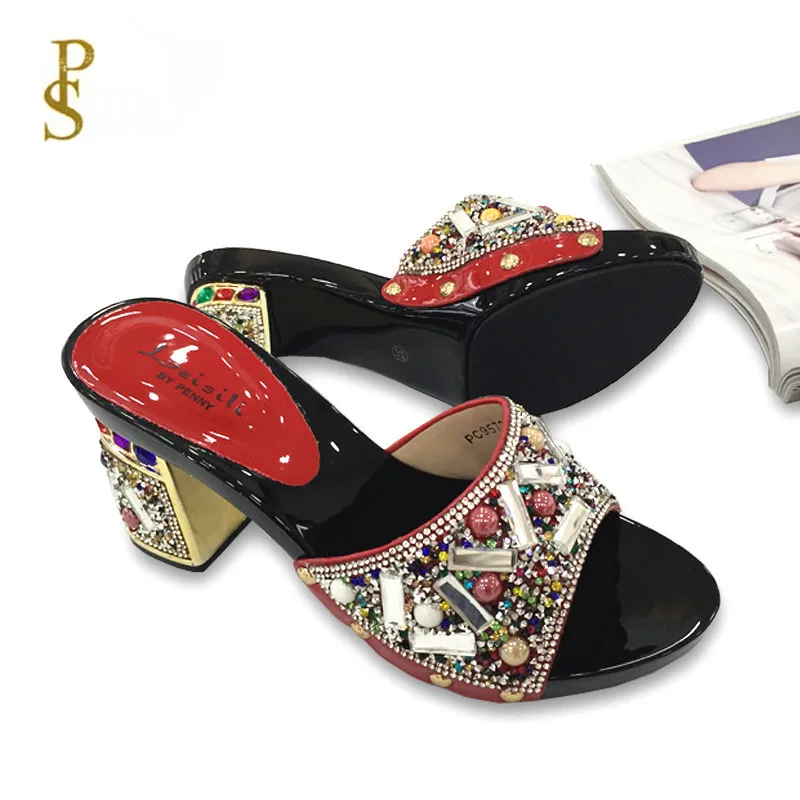 Красивые женские тапочки со стразами хорошего качества обувь на среднем каблуке