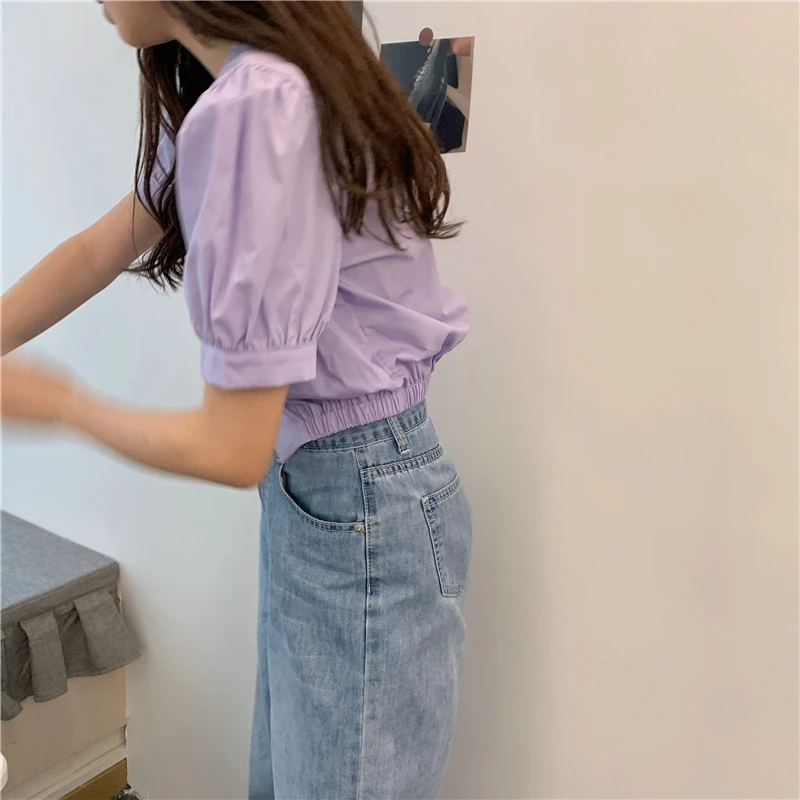 

Blouses Shirts Women V-neck Solid Cropped Tops Exposed Navel Knot Retro French Style Stylish All-match Streetwear Office Ladies