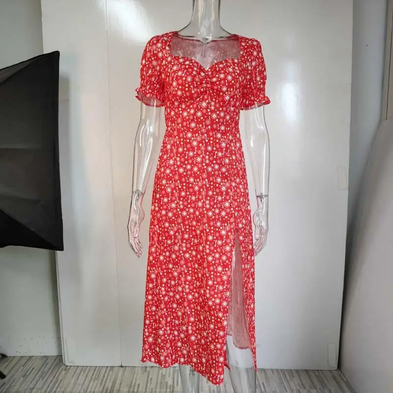 

2021 Summer Sexy Slit Dress Women Midi Print Party Floral Dress Ladies Dots Puff Sleeve Dress For Women Sundresses Plus Size