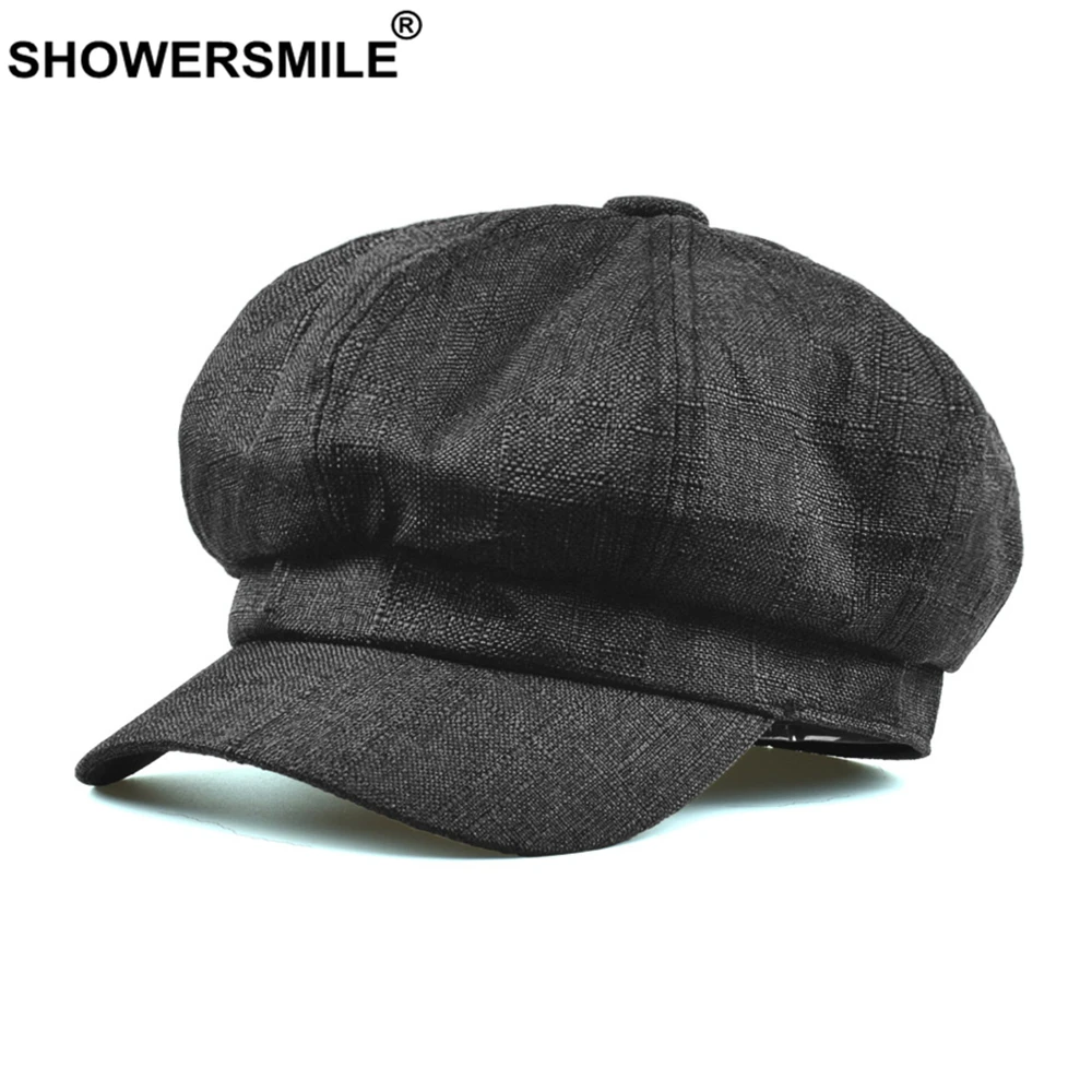 

SHOWERSMILE Cotton Linen Newsboy Cap Summer Beret Hats for Women British Style Solid Black Octagonal Cap Ladies Baker Boy Hat