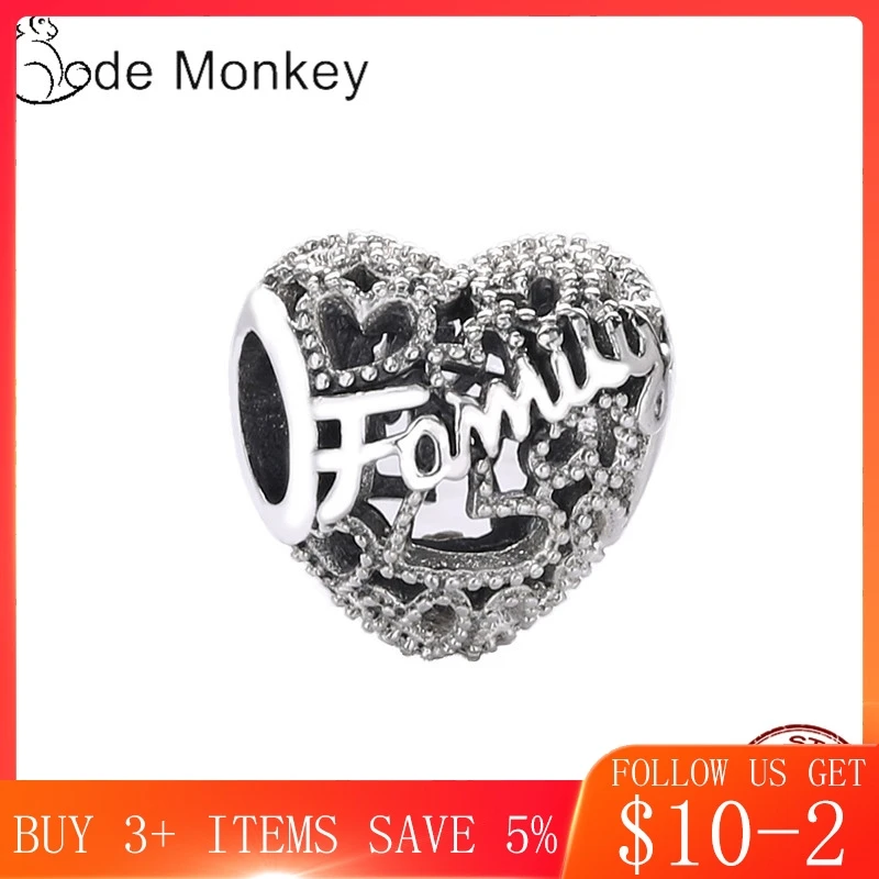 CodeMonkey подлинные 925 пробы серебряные бусины в виде сердца для всей семьи подходят