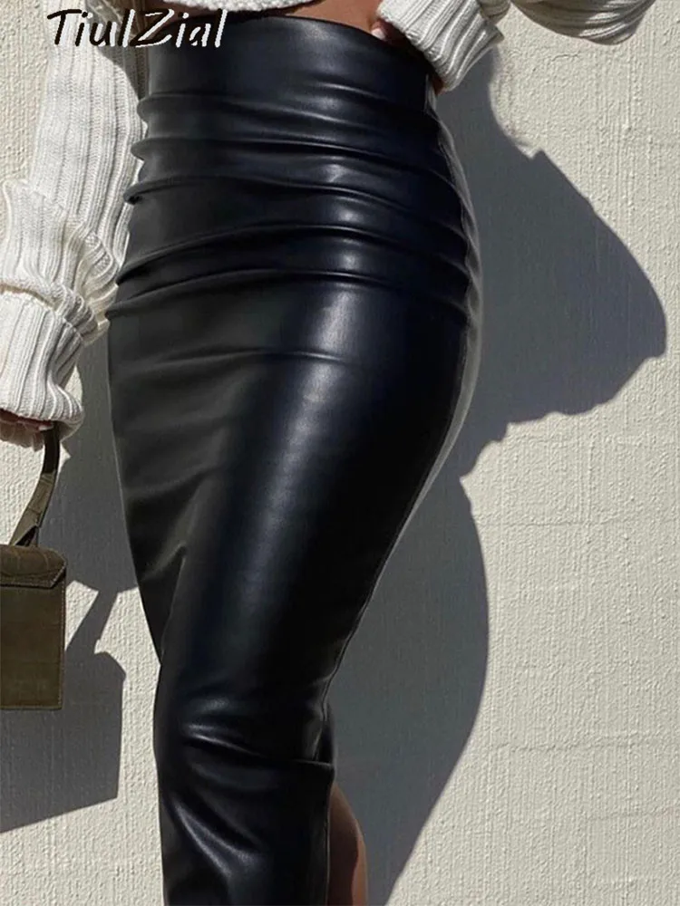 

TiulZial High Waist Midi Skirt Women PU Fur Leather Ruched Skirt For Women Back Split Club Party Pencil Skirts Lady Bottom