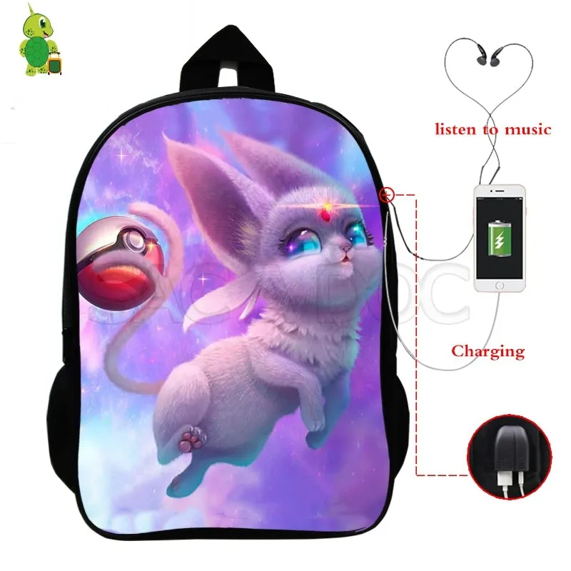 Забавный рюкзак Pokemon Pikachu Mewtwo с зарядкой через USB, многофункциональные школьные сумки для девочек-подростков и мальчиков, большие дорожные сумки через плечо - Цвет: 3